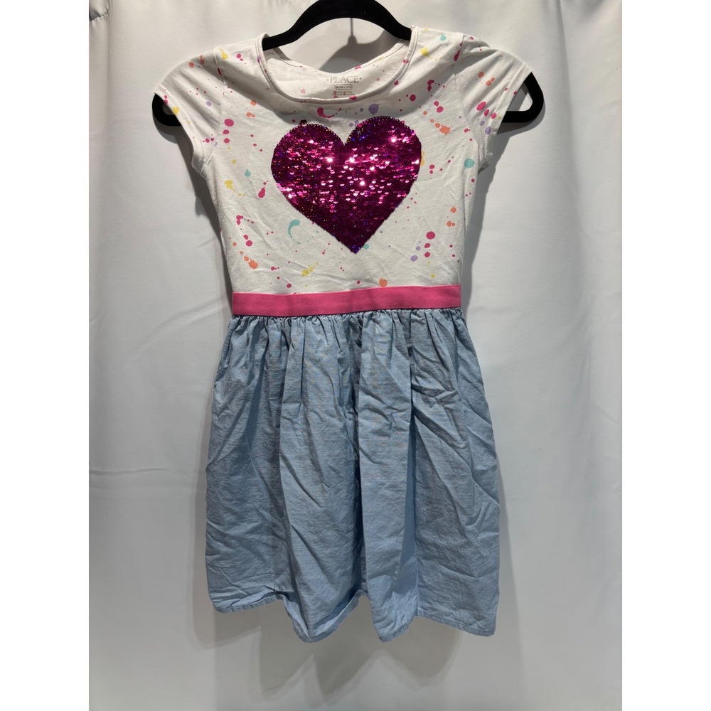 Childrens Place Dress Kids Size 7/8 White Blue Sequin Heart Paint Splatter